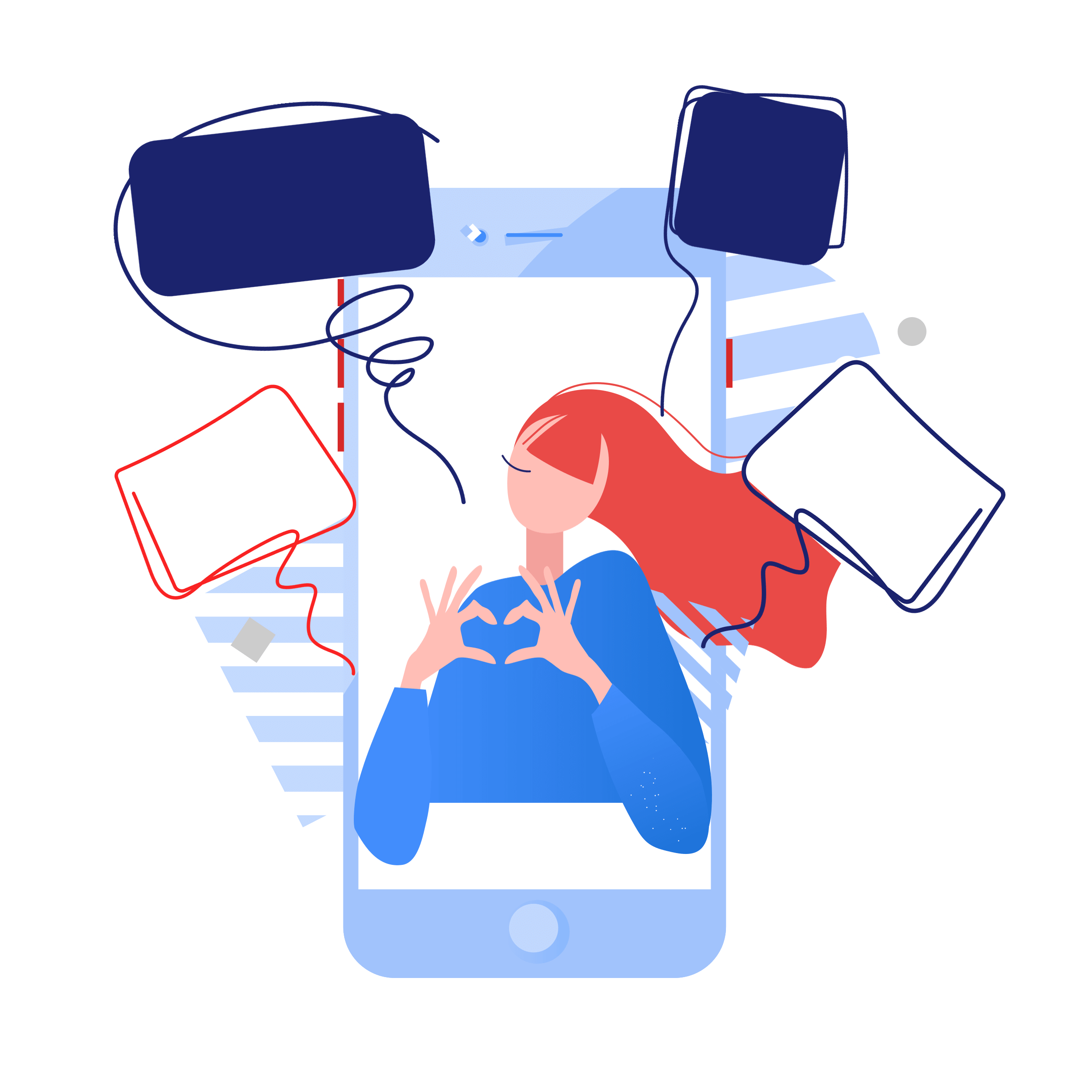 blogger_2500x2500 illustration of a woman on a mobile device screen and multi-media boxes surrounding it