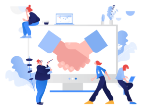 An illustration of shaking hands on a monitor, team members working around it