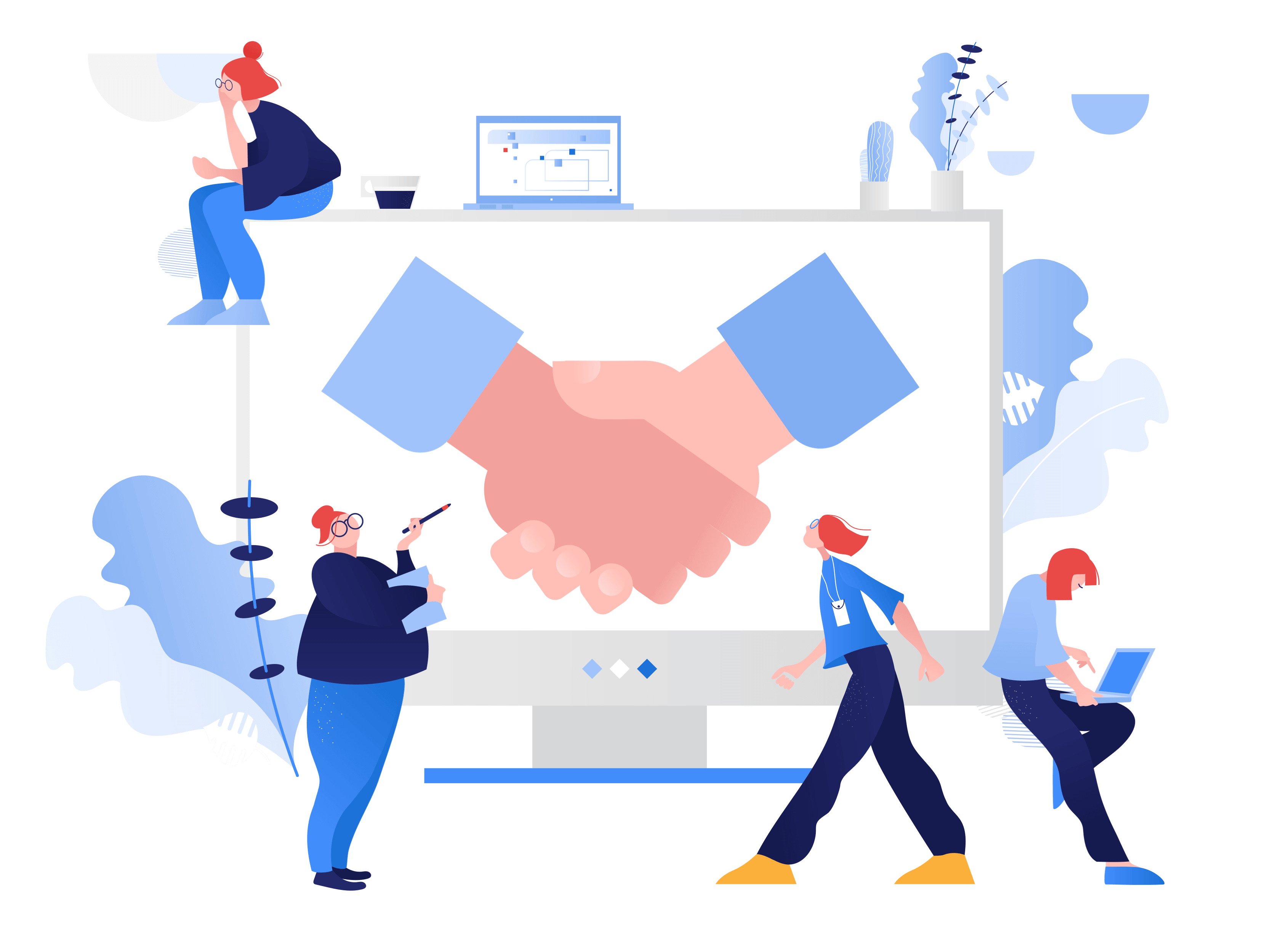 working_process_3333x2500 An illustration of shaking hands on a monitor, team members working around it