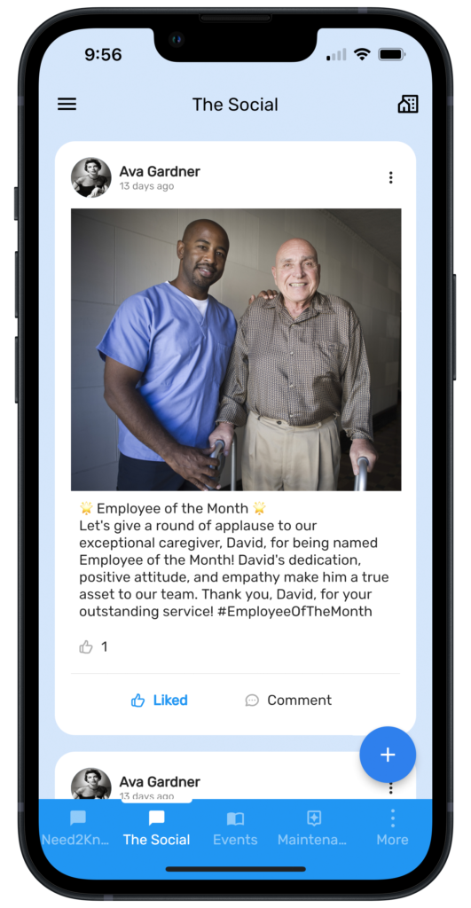 A smiling care delivery employee standing beside a smiling senior