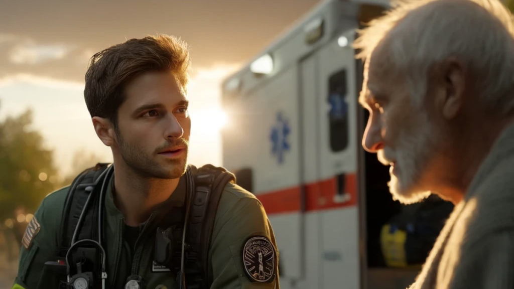 An AI-generated image of an EMS member speaks with a senior outside at dusk, an ambulance in the background