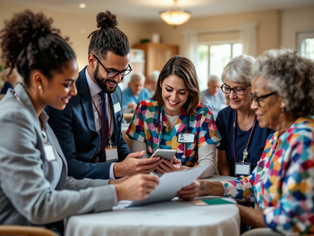 ai-generated image of nursing home staff in a meeting, seniors in the background