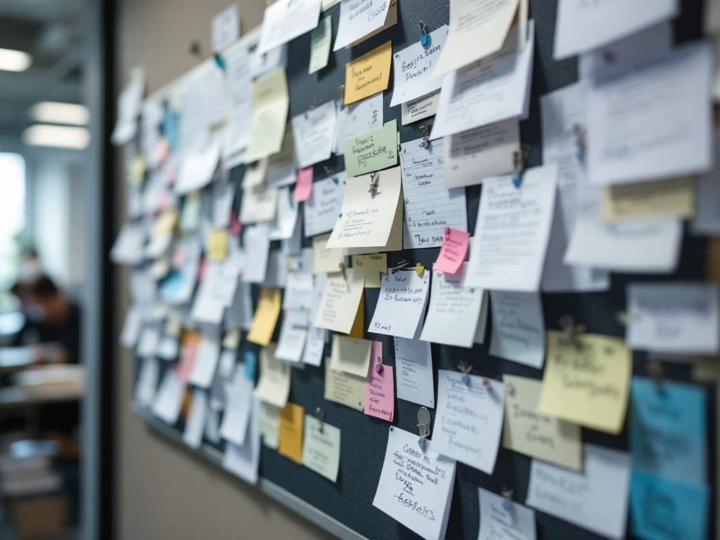 A cluttered bulletin board with overlapping papers and memos in an office setting