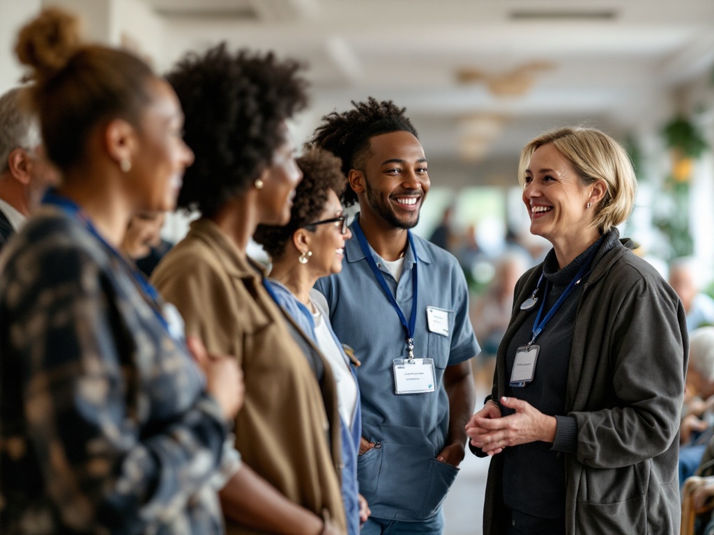 a diverse group of staff with name badges engaged in a friendly conversation - ai generated image