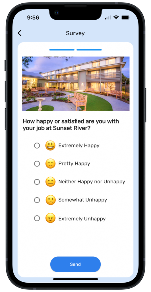 An iPhone displaying a staff satisfaction survey
