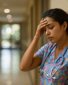 Exhausted nurse in scrubs leaning against the wall in a nursing home hallway