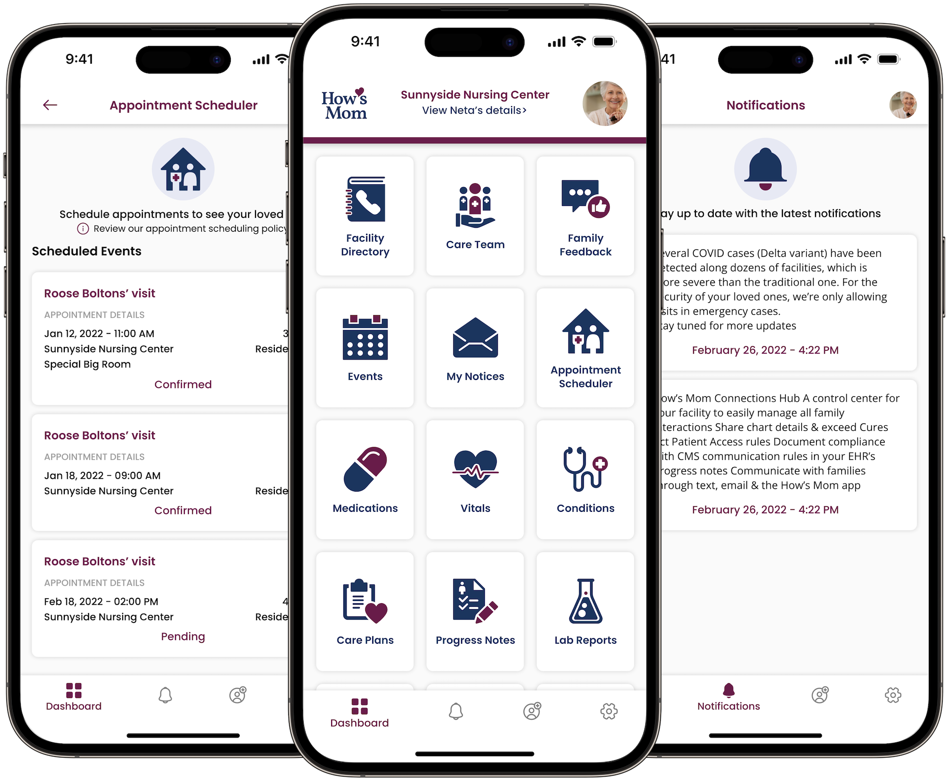 Three cellphones showing How's Mom app on screens
